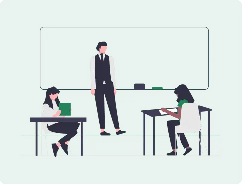 Ilustração de uma sala de aula com um professor e duas estudantes